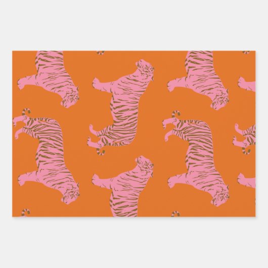 Cute Boho Oranje en Roze Tiger Art Pattern Inpakpapier Vel (Voorkant)