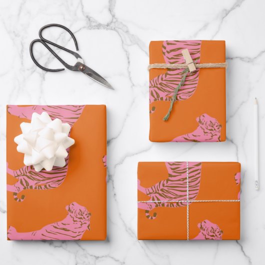 Cute Boho Oranje en Roze Tiger Art Pattern Inpakpapier Vel (Voorkant)