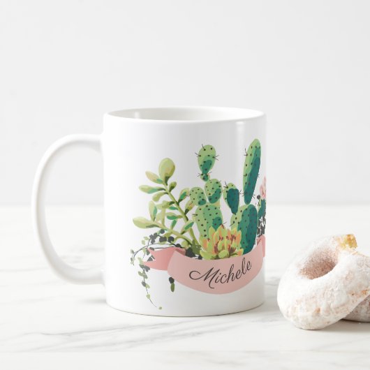 Cute Boho Personalized Cactus Koffiemok (Met donut)