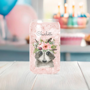 Cute Boho Raccoon met bloem en veren Kroon Blikvorm Glas