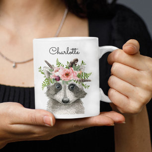 Cute Boho Raccoon met bloem en veren Kroon Koffiemok