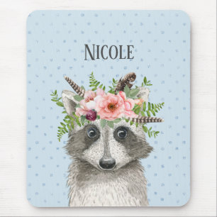Cute Boho Raccoon met Floral Crown and Name Muismat