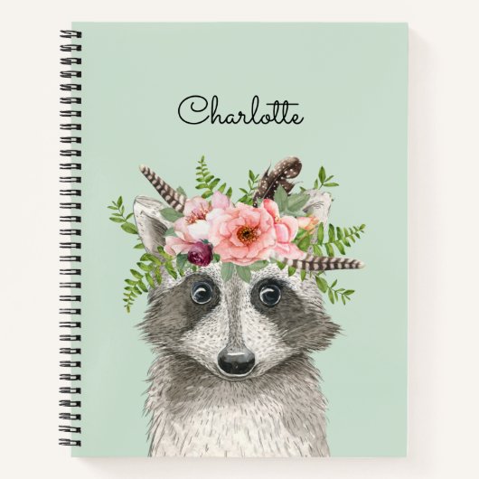 Cute Boho Raccoon met Floral en Feathers Crown Notitieboek (Voorkant)