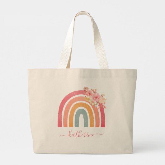 Cute Boho Rainbow met Waterverf Florals Grote Tote Bag (Achterkant)