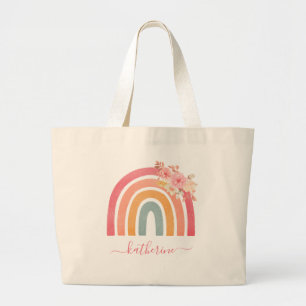 Cute Boho Rainbow met Waterverf Florals Grote Tote Bag