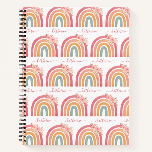 Cute Boho Rainbow met Waterverf Roze Florals Notitieboek (Voorkant)