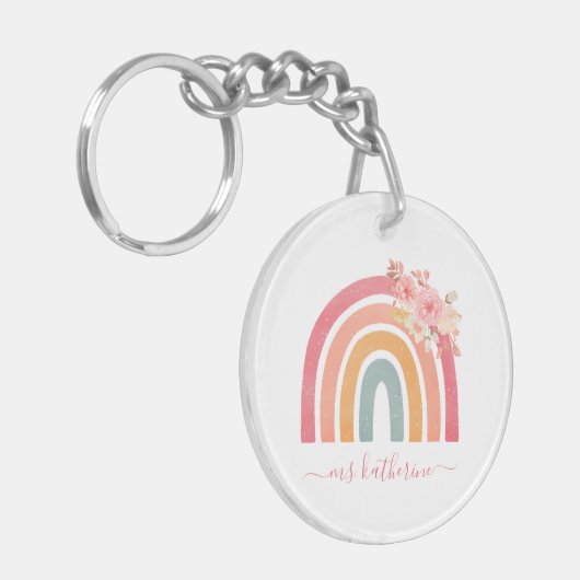 Cute Boho Rainbow met Waterverf Roze Florals Sleutelhanger (Voorkant Links)