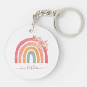 Cute Boho Rainbow met Waterverf Roze Florals Sleutelhanger (Achterkant)