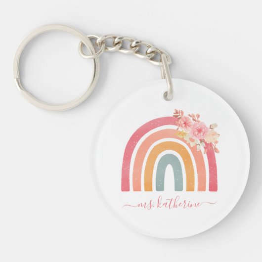 Cute Boho Rainbow met Waterverf Roze Florals Sleutelhanger (Voorkant)