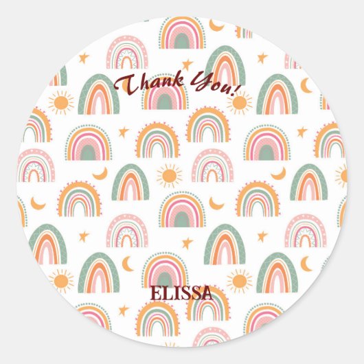 Cute Boho Rainbow Pattern Custom Name Bedankt Ronde Sticker (Voorkant)