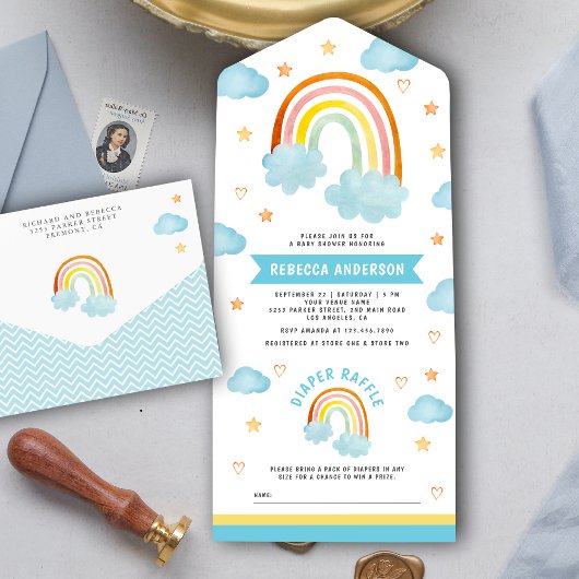Cute Boho Regenboog Wolken Baby Shower All In One Uitnodiging