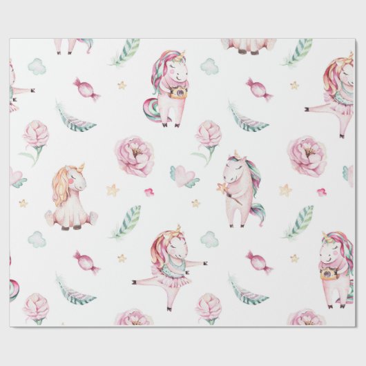Cute boho roze eenhoorns florale baby shower cadeaupapier (Vlak)