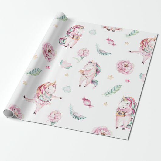 Cute boho roze eenhoorns florale baby shower cadeaupapier (Uitgerold)