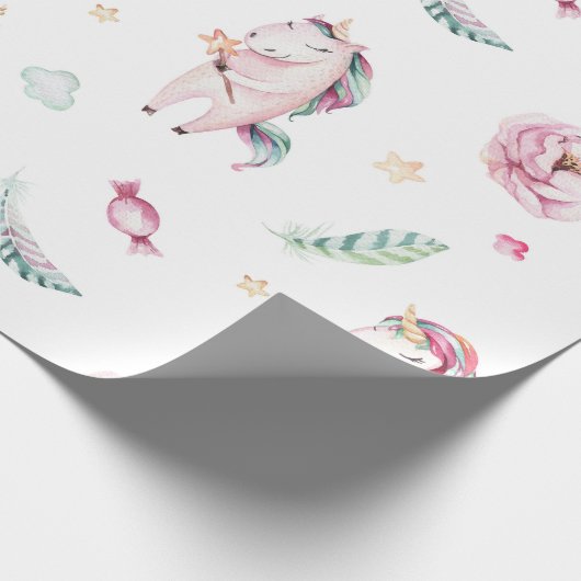 Cute boho roze eenhoorns florale baby shower cadeaupapier (Hoek)