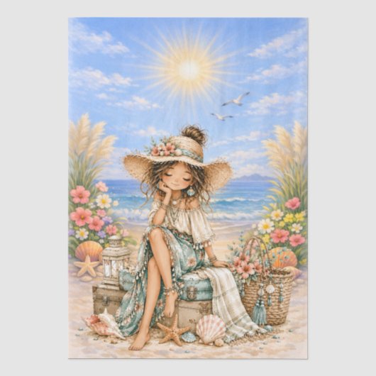 Cute Boho stijl meisjesachtige strand scene decoup Tissuepapier (Voorkant)