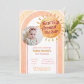 Cute Boho Sun Girls First Birthday Foto Kaart (Staand voorkant)