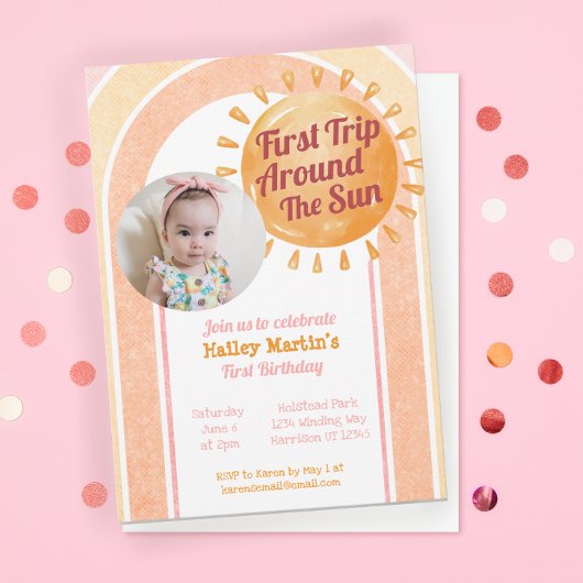 Cute Boho Sun Girls First Birthday Foto Kaart