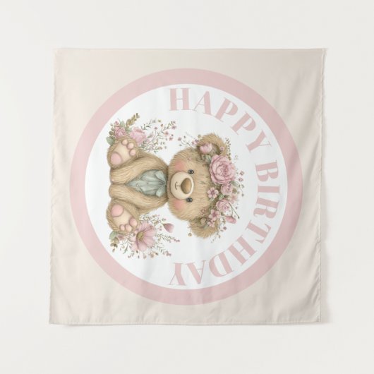 Cute Boho Teddy Bear Birthday Party Wandkleed (Voorkant (horizontaal))