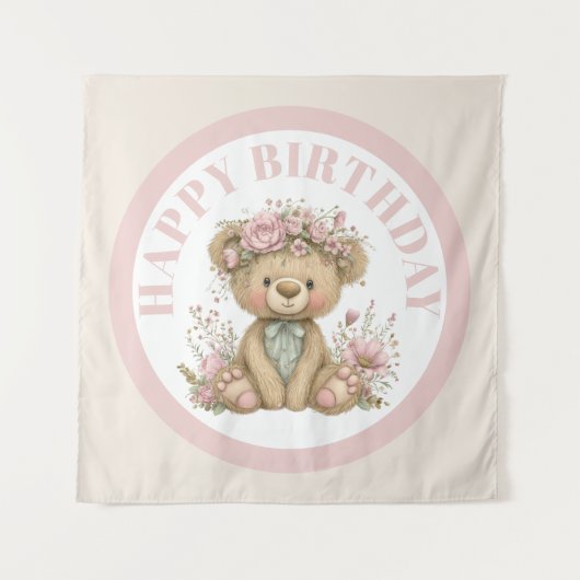 Cute Boho Teddy Bear Birthday Party Wandkleed (Voorkant)