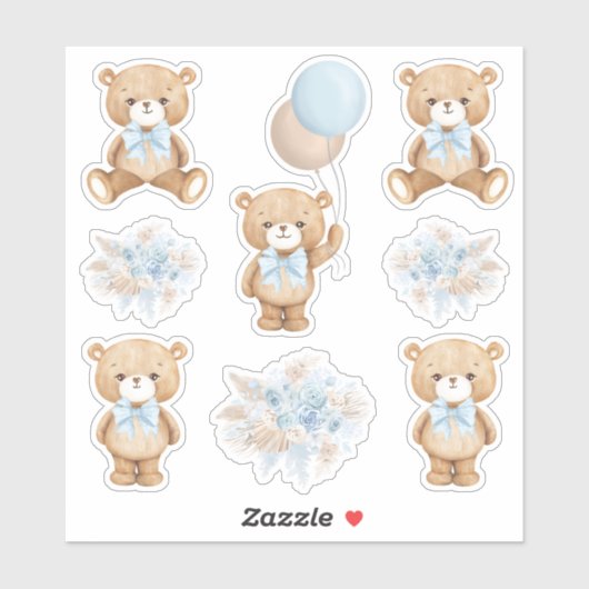Cute Boho Teddy Bear met Pastel Blue Balloon Sticker (Vel)
