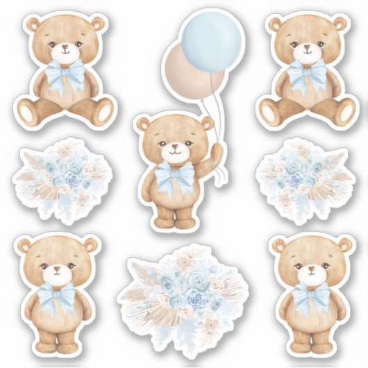 Cute Boho Teddy Bear met Pastel Blue Balloon Sticker (Voorkant)