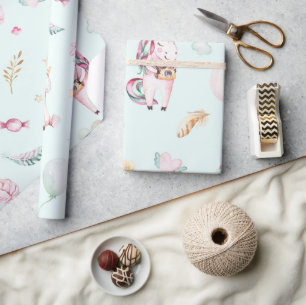 Cute Boho Unicorns Floral Botanisch Baby shower Cadeaupapier