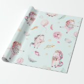Cute Boho Unicorns Floral Botanisch Baby shower Cadeaupapier (Uitgerold)