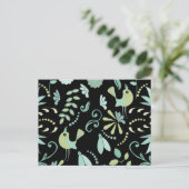 Cute boho-vogels bloemen blauw groen zwart briefkaart (Staand voorkant)