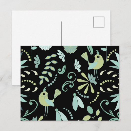 Cute boho-vogels bloemen blauw groen zwart briefkaart (Voorkant / Achterkant)