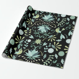 Cute boho-vogels bloemen blauw groen zwart patroon cadeaupapier