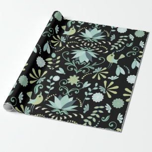 Cute boho-vogels bloemen blauw groen zwart patroon cadeaupapier