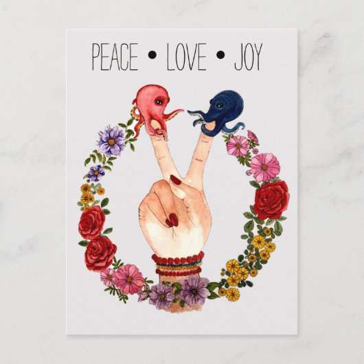 Cute Boho Waterverf Floral Octopus Peace Love Joy Briefkaart (Voorkant)
