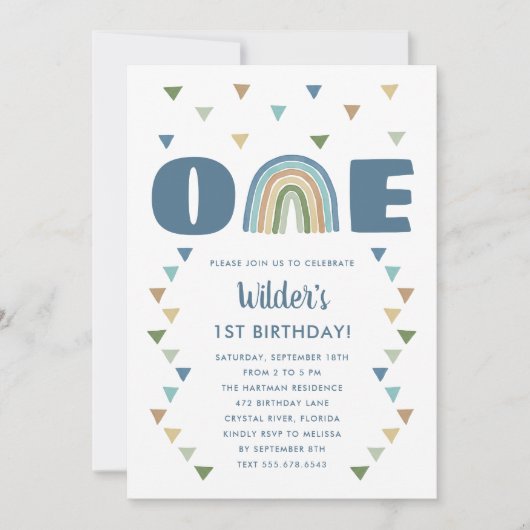 Cute Boho Waterverf Rainbow Birthday Blue First Kaart (Voorkant)