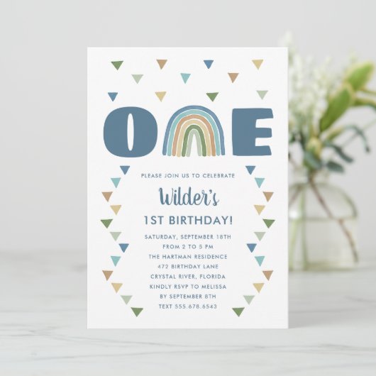Cute Boho Waterverf Rainbow Birthday Blue First Kaart (Staand voorkant)