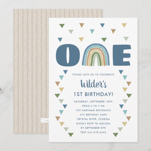 Cute Boho Waterverf Rainbow Birthday Blue First Kaart (Voorkant / Achterkant)