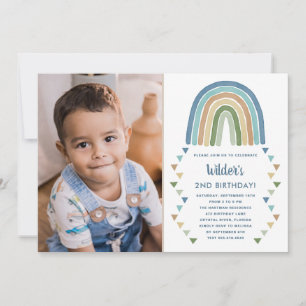 Cute Boho Waterverf Rainbow Foto Birthday Blue Kaart