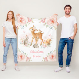 Cute Boho Woodland Animals Roze Floral Baby Girl Fleece Deken