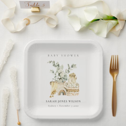 Cute Boho Yellow Nursery Foliage Baby shower Papieren Bordje (Huwelijk)