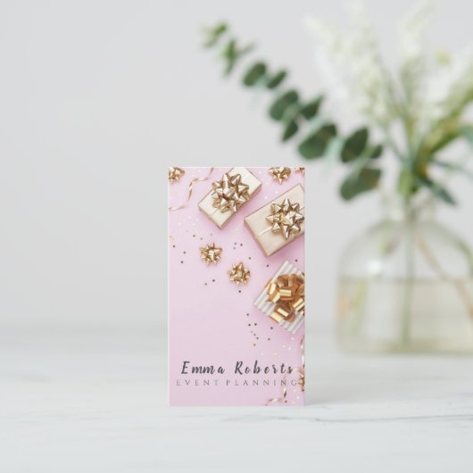 Cute Bokeh en Roos Gold Sequin Event Planner Busi Visitekaartje (Staand voorkant)