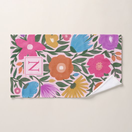 Cute Bold Colorful Flowers Girls Monogram Handdoek (Handdoek)