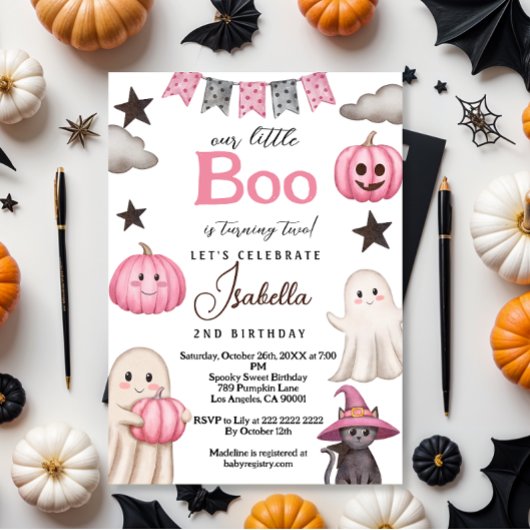 cute boo party pink ghost – Halloween 2nd birthday Kaart