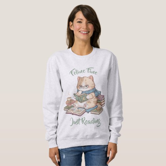 Cute Book Lover Sweater Cozy Cat Reading (Voorkant volledig)