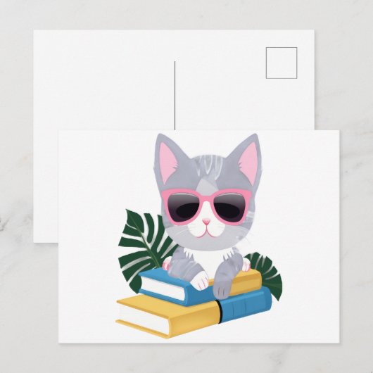 Cute Bookish Cat with Pink Glasses – Kawaii Smart  Briefkaart (Voorkant / Achterkant)