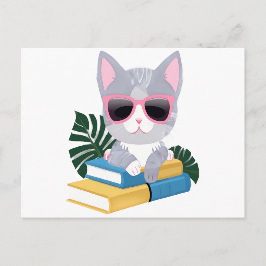 Cute Bookish Cat with Pink Glasses – Kawaii Smart  Briefkaart (Voorkant)