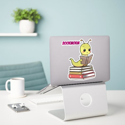 Cute Bookworm Sticker | Adorable Reading Worm  (Laptop op bureau)
