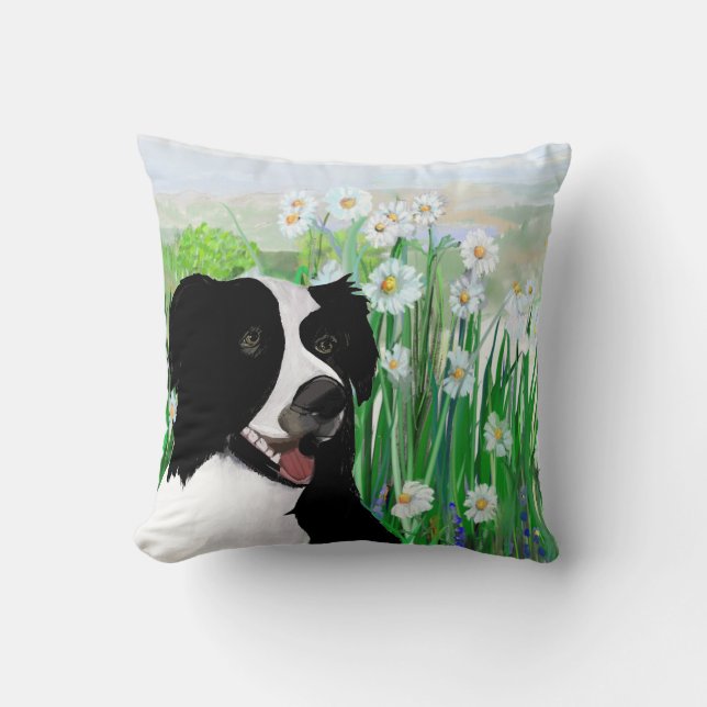 Cute, Border Collie Daisies Wall Art Poster Kussen (Voorkant)