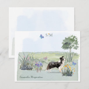 Cute Border Collie Dog Butterfly Monogram Name  Notitiekaartje