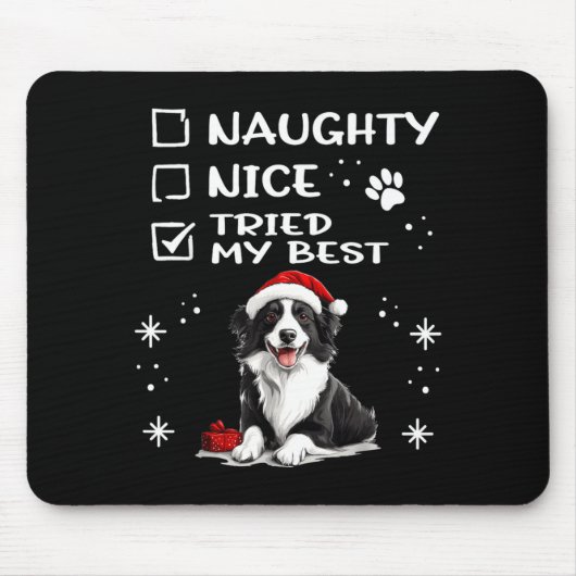 Cute Border Collie Dog Christmas Naughty Nice Trie Muismat (Voorkant)