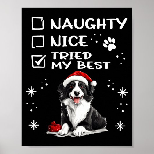 Cute Border Collie Dog Christmas Naughty Nice Trie Poster (Voorkant)