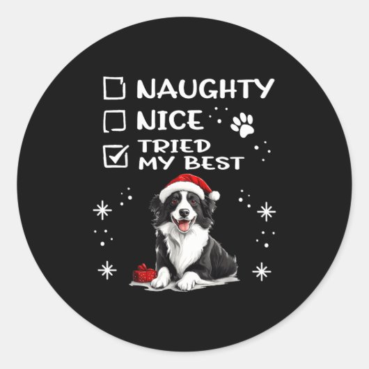 Cute Border Collie Dog Christmas Naughty Nice Trie Ronde Sticker (Voorkant)